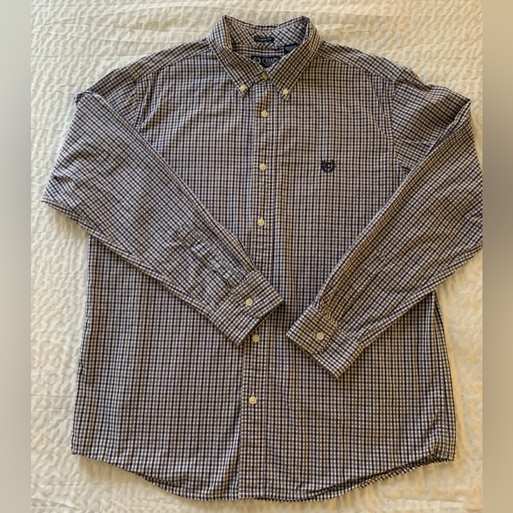 CHAPS men’s Dress Shirt Long Sleeve Blue/White Checkered Size Large